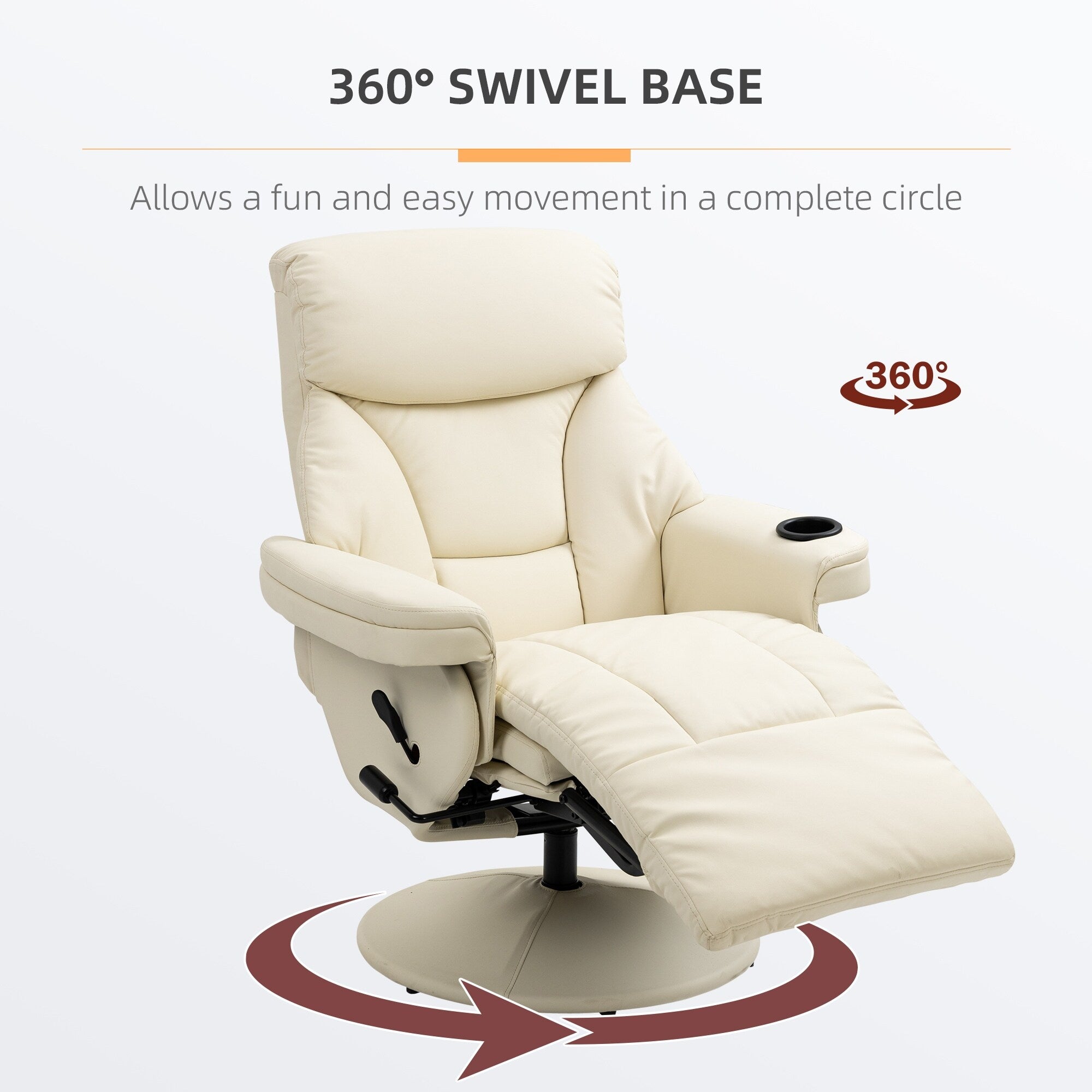 Fauteuil inclinable pivotant en cuir PU crème avec repose-pieds manuel, porte-gobelet, rangement latéral et inclinaison à 135°