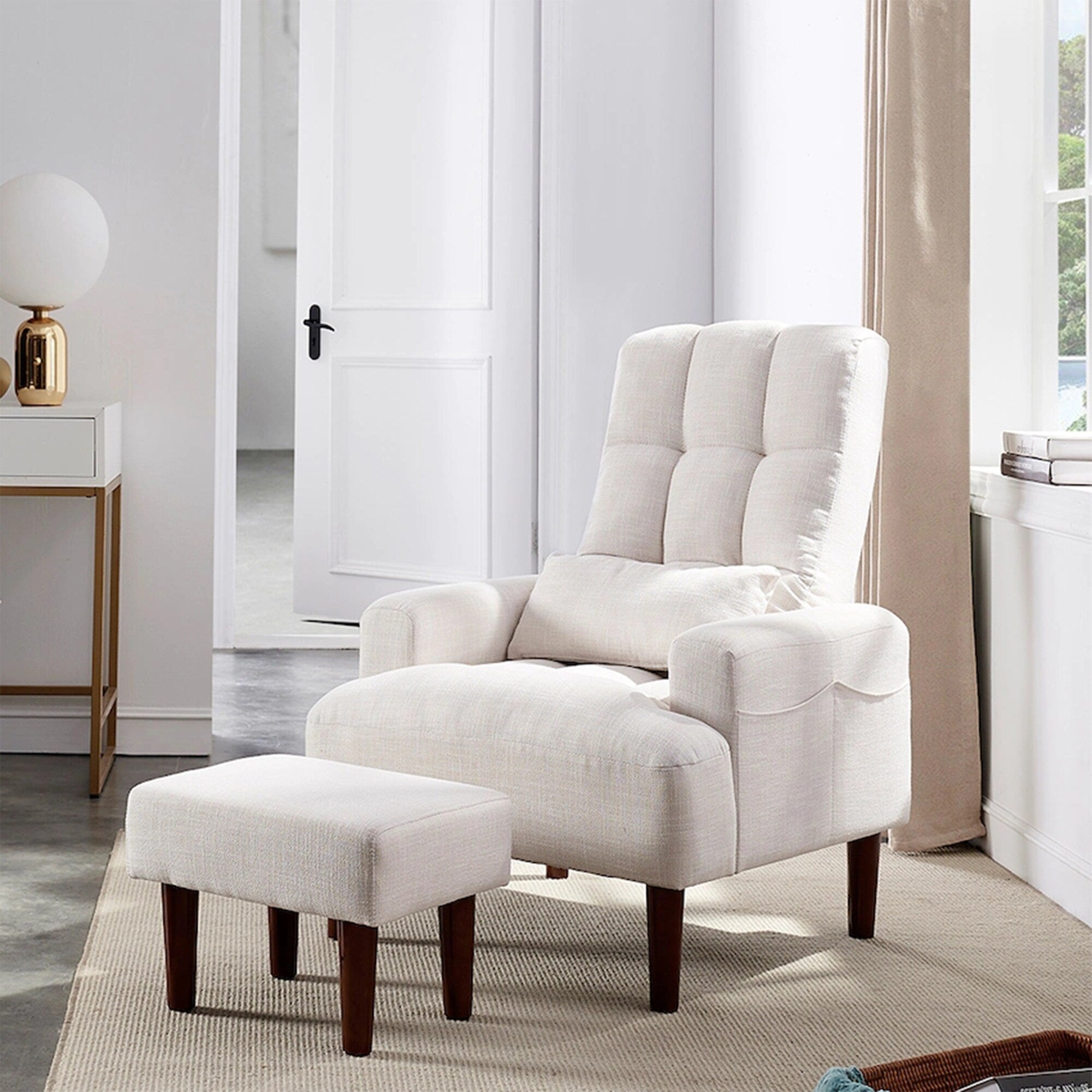 Fauteuil de salon multifonction rembourré à dossier haut, couleur blanc crème, 26,77 po, avec pouf