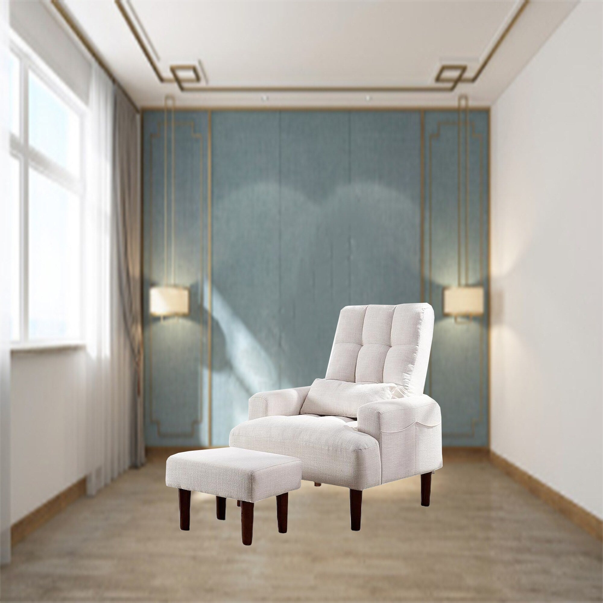 Fauteuil de salon multifonction rembourré à dossier haut, couleur blanc crème, 26,77 po, avec pouf