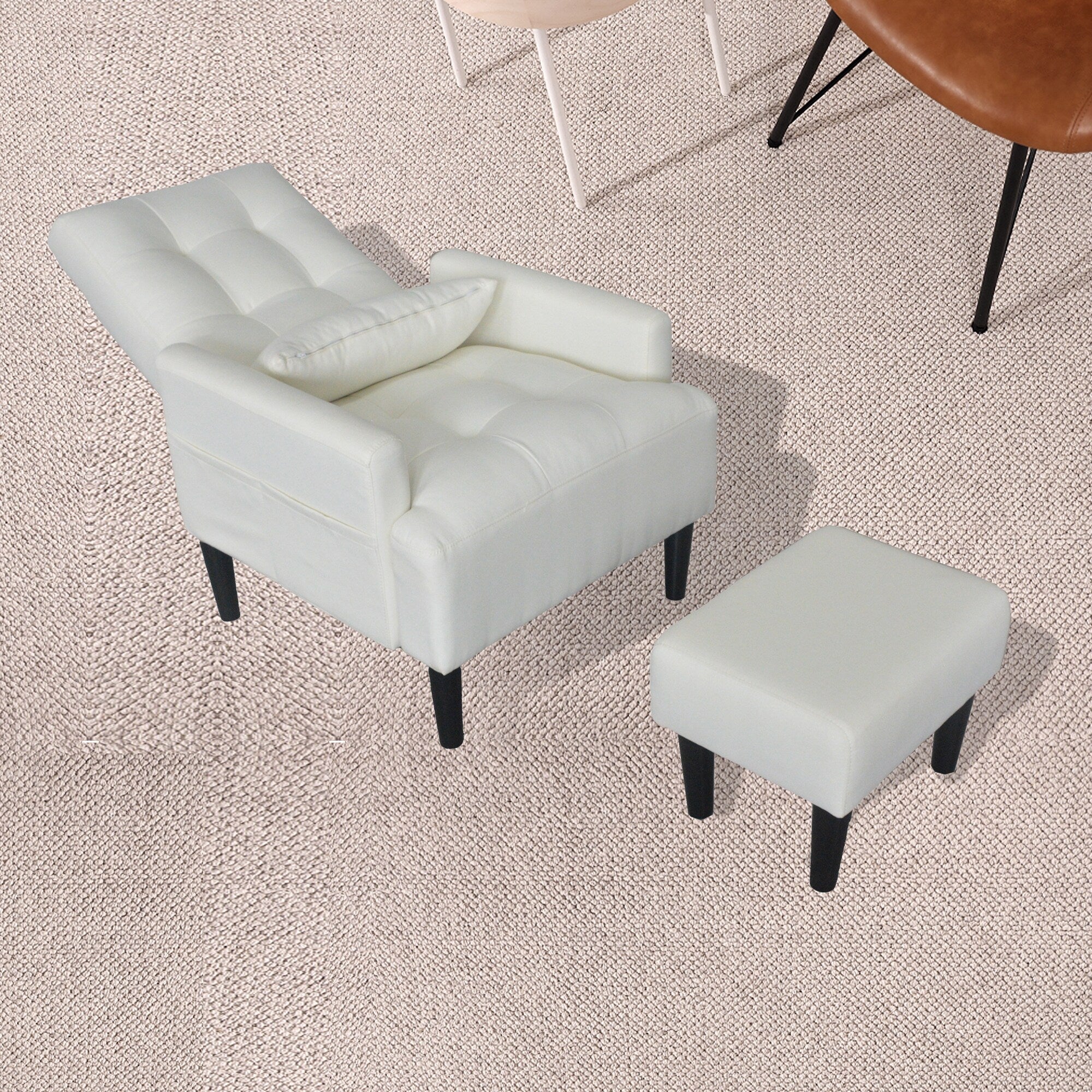 Fauteuil de salon multifonction rembourré à dossier haut, couleur blanc crème, 26,77 po, avec pouf