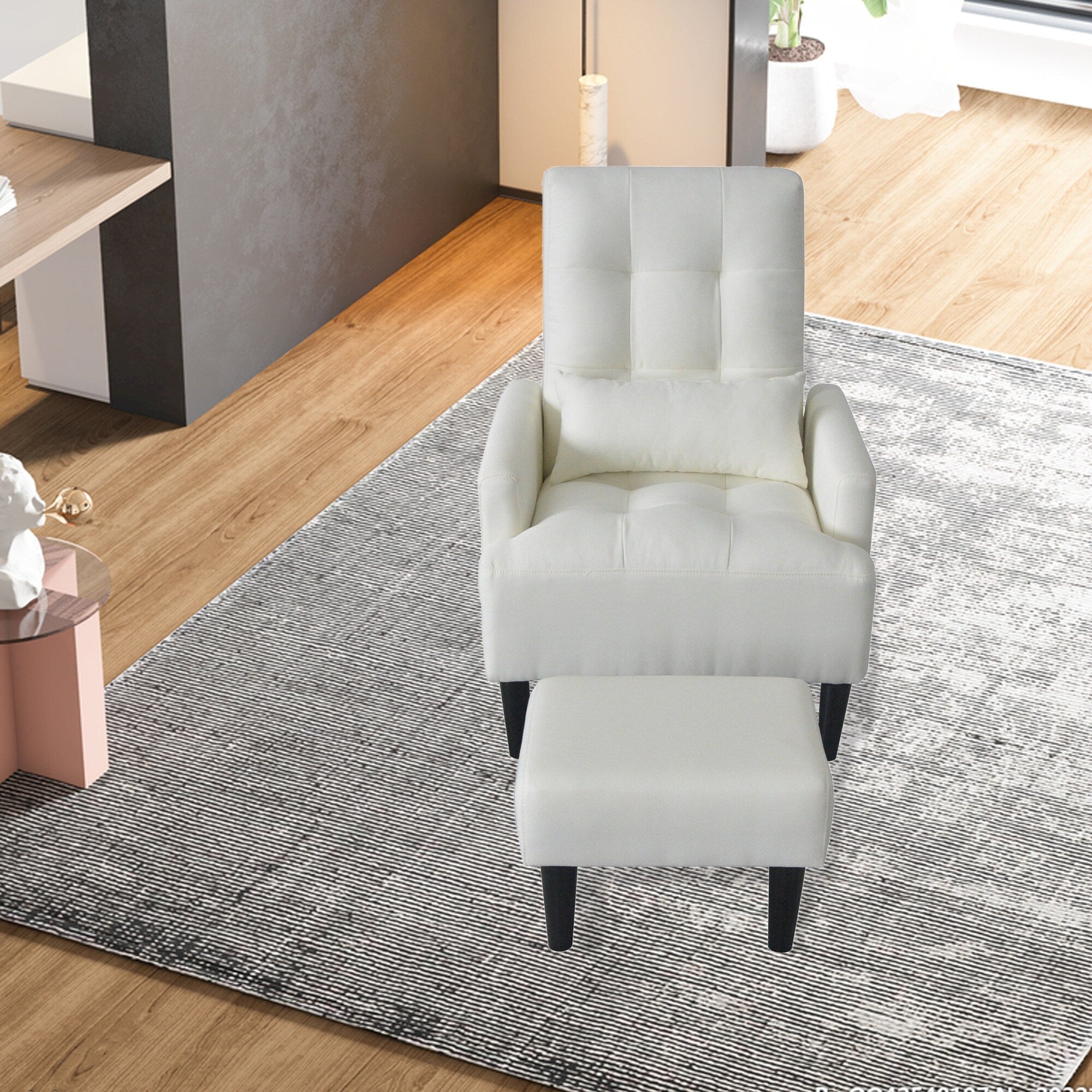 Fauteuil de salon multifonction rembourré à dossier haut, couleur blanc crème, 26,77 po, avec pouf