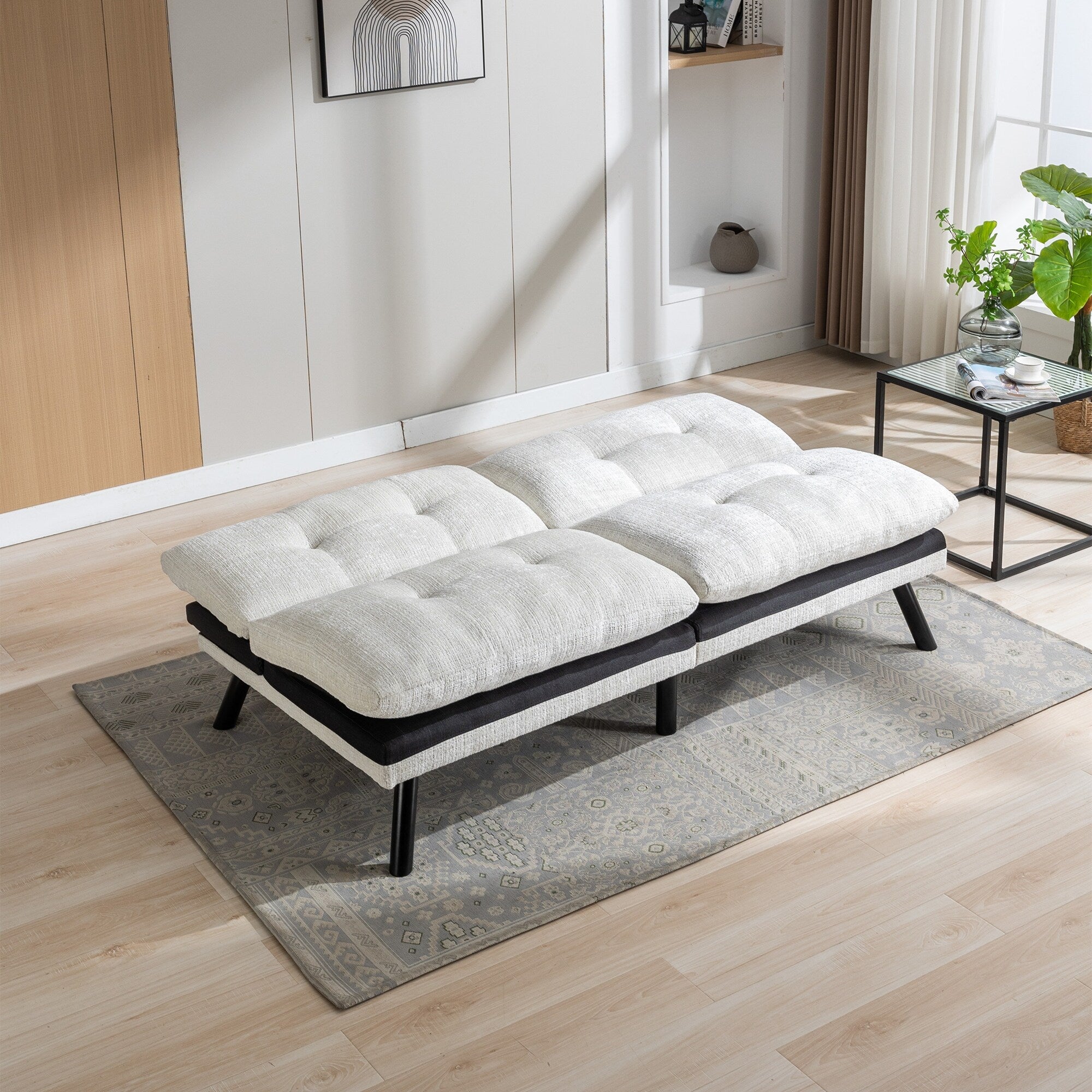 Canapé-lit futon convertible en chenille blanc crème