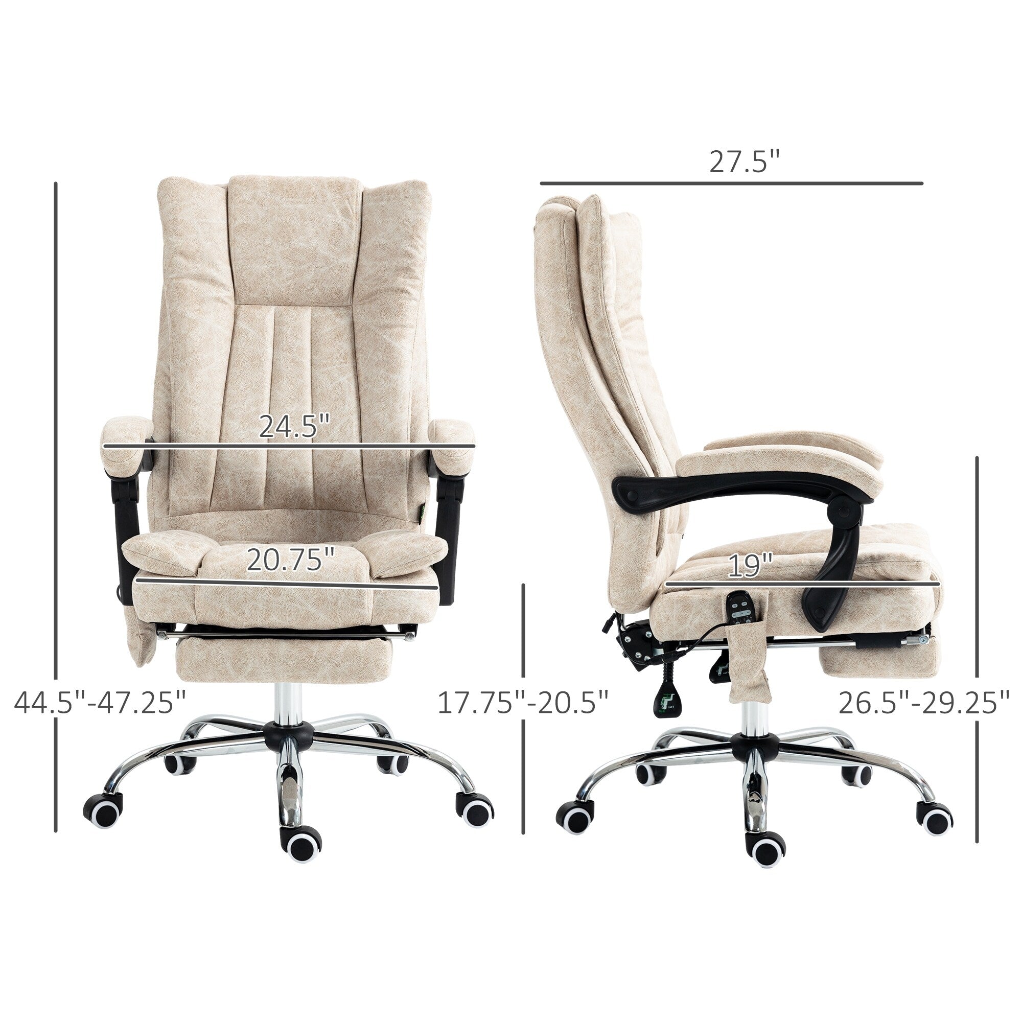 Fauteuil de bureau inclinable et massant pivotant à 360° en microfibre blanc crème avec massage par vibration, chauffage, repose-pieds et hauteur réglable