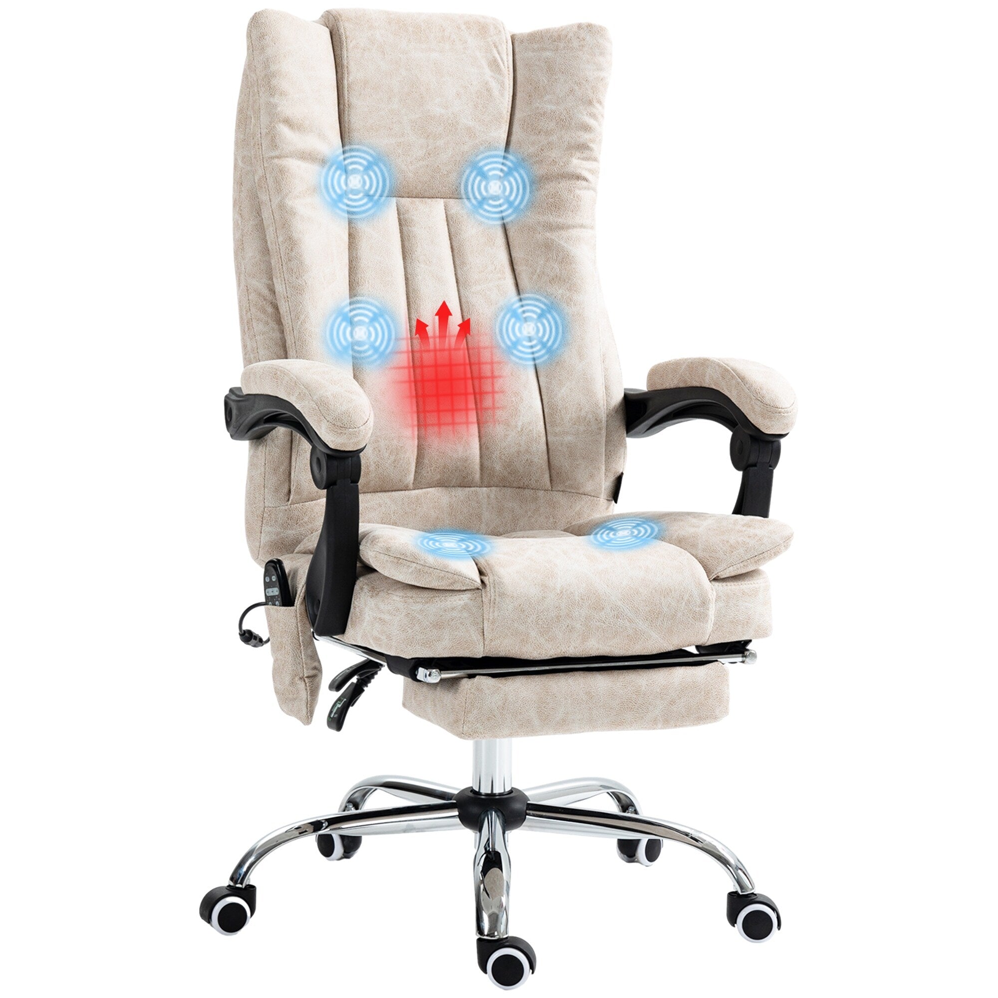 Fauteuil de bureau inclinable et massant pivotant à 360° en microfibre blanc crème avec massage par vibration, chauffage, repose-pieds et hauteur réglable