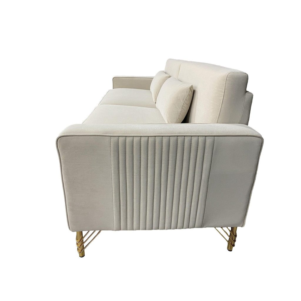 Canapé 3 places en velours blanc crème moderne 85,63 avec touches dorées et coussins moelleux pour le salon