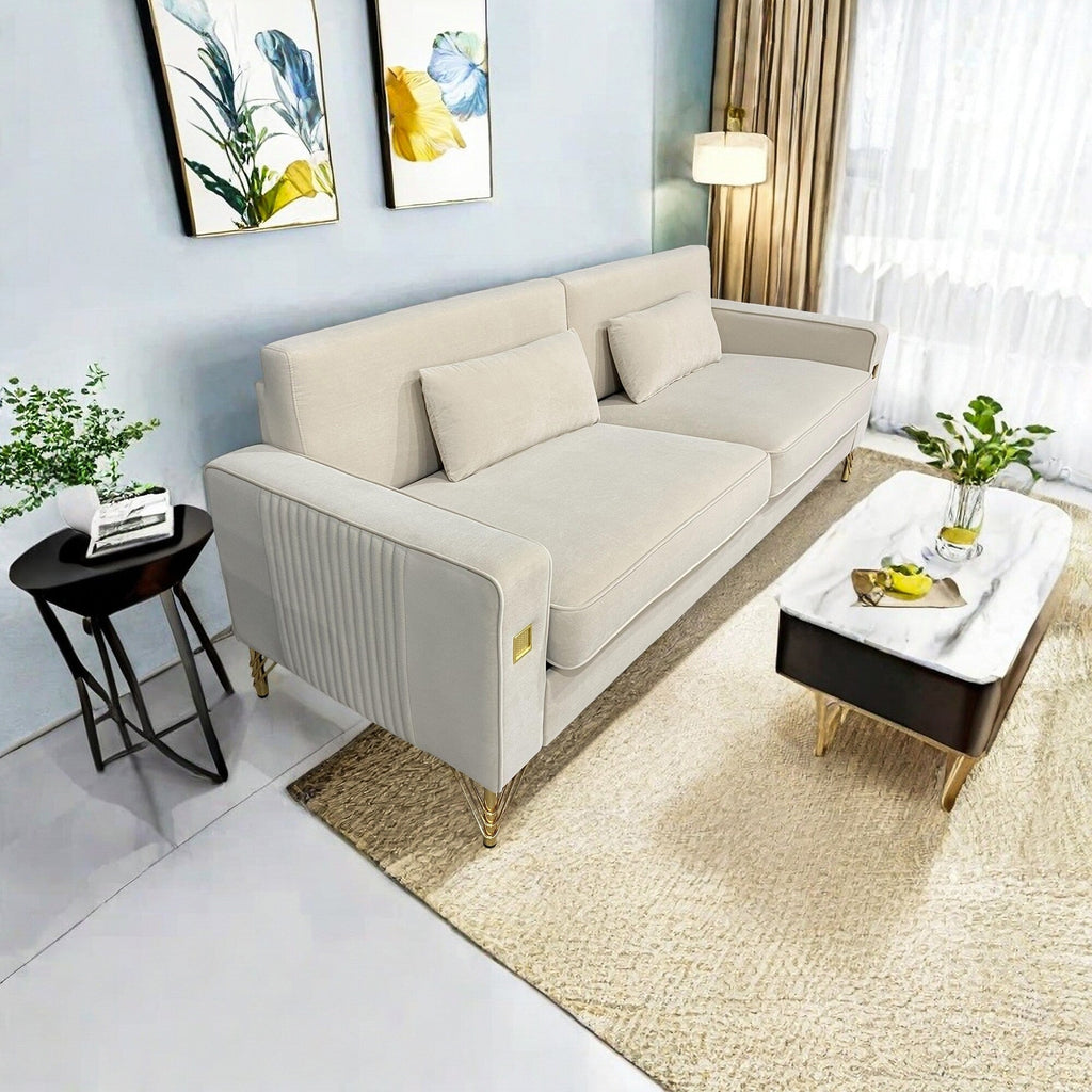 Canapé 3 places en velours blanc crème moderne 85,63 avec touches dorées et coussins moelleux pour le salon