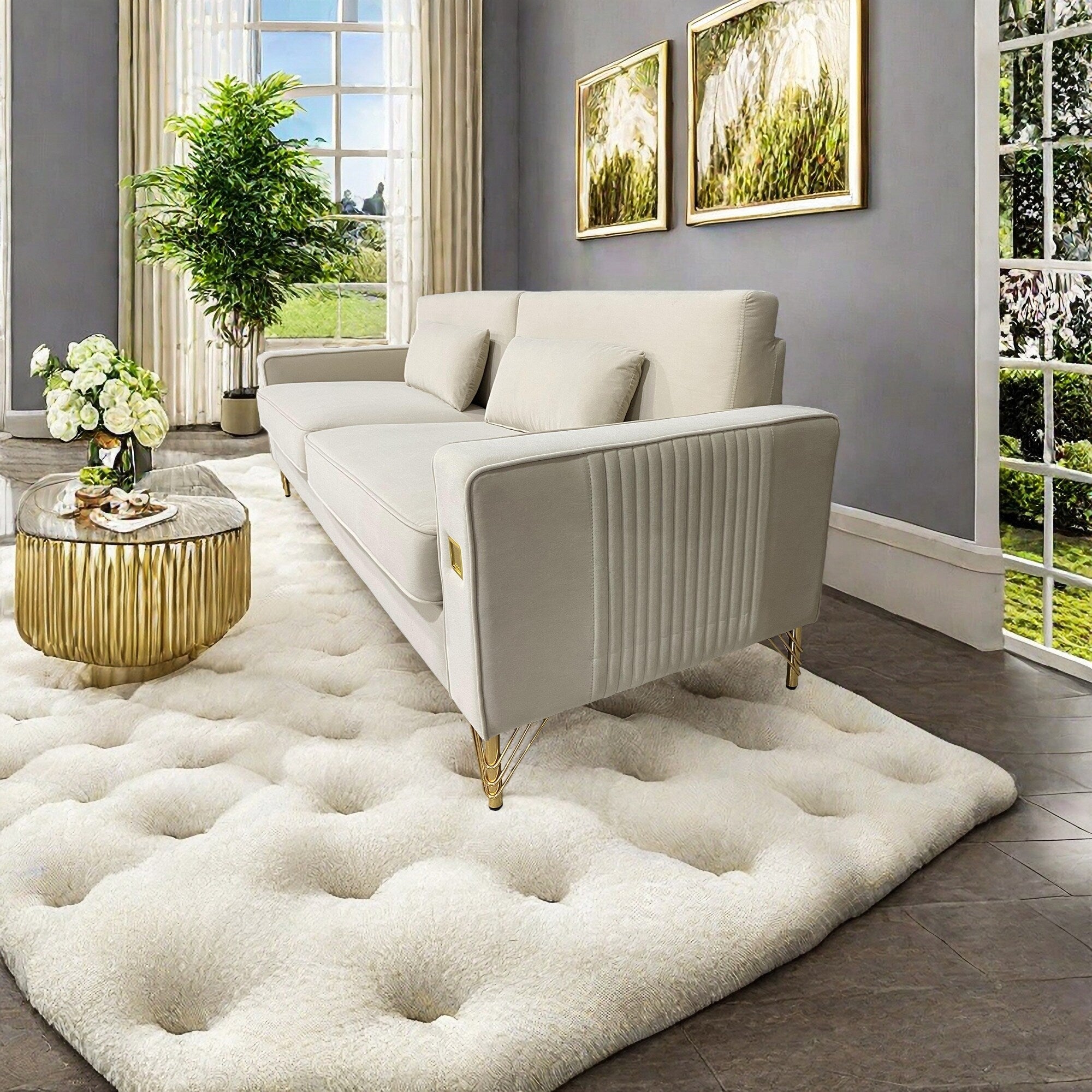 Canapé 3 places en velours blanc crème moderne 85,63 avec touches dorées et coussins moelleux pour le salon