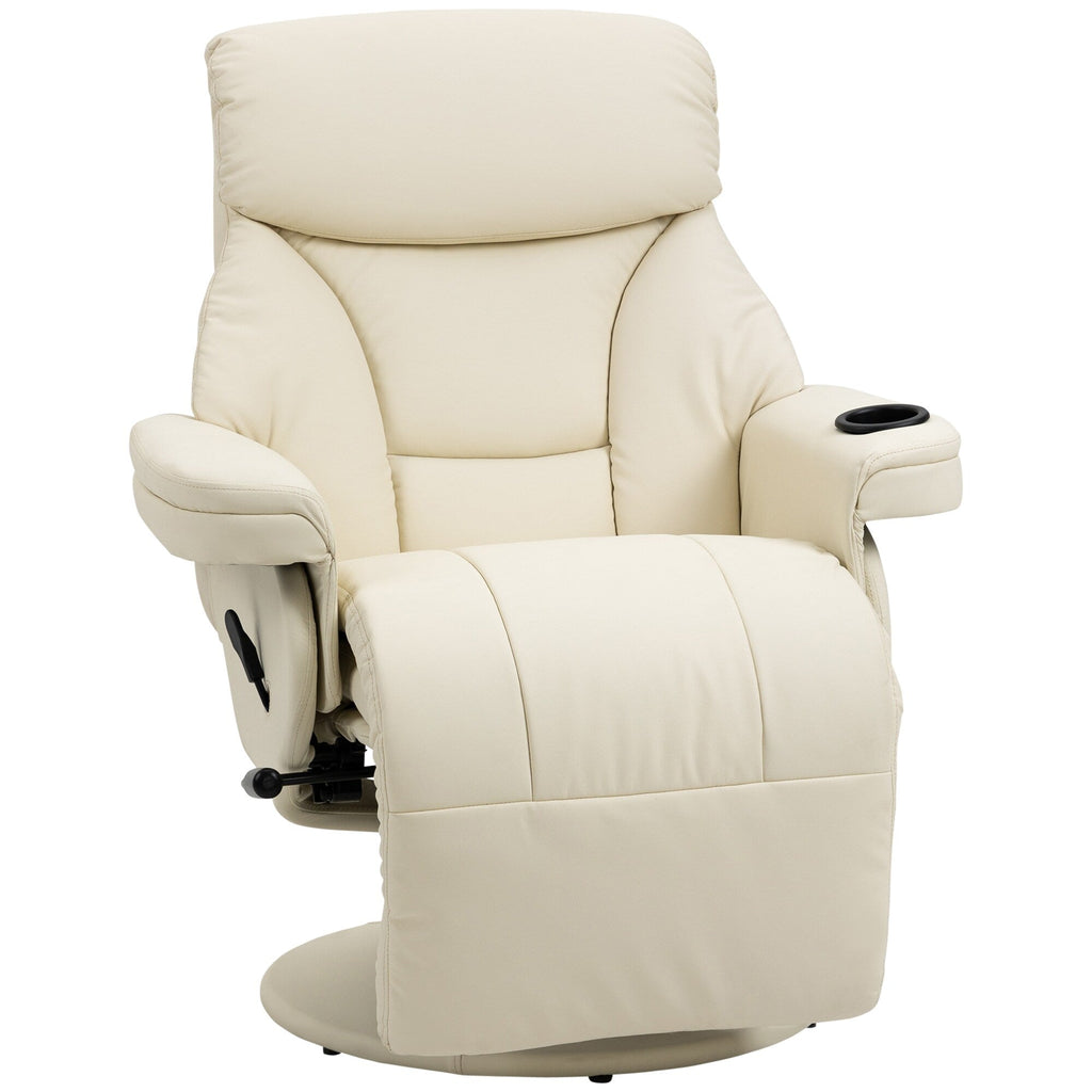 Fauteuil inclinable manuel en cuir PU blanc crème avec repose-pieds, poche latérale, porte-gobelet, inclinaison à 135°, rotation à 360°