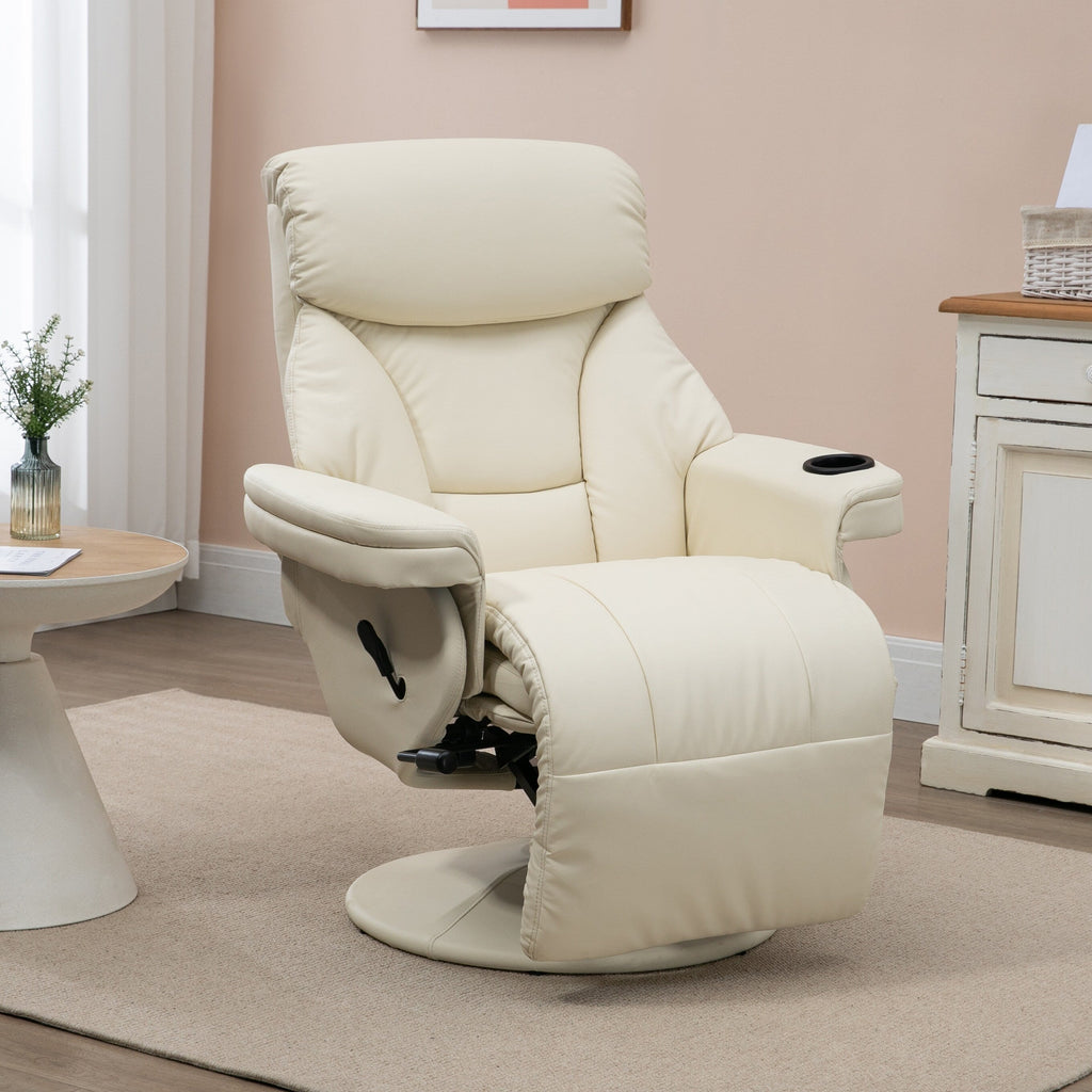 Fauteuil inclinable manuel en cuir PU blanc crème avec repose-pieds, poche latérale, porte-gobelet, inclinaison à 135°, rotation à 360°