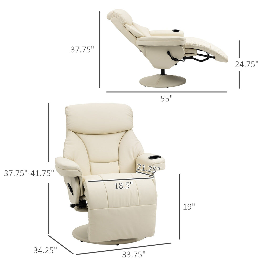 Fauteuil inclinable manuel en cuir PU blanc crème avec repose-pieds, poche latérale, porte-gobelet, inclinaison à 135°, rotation à 360°