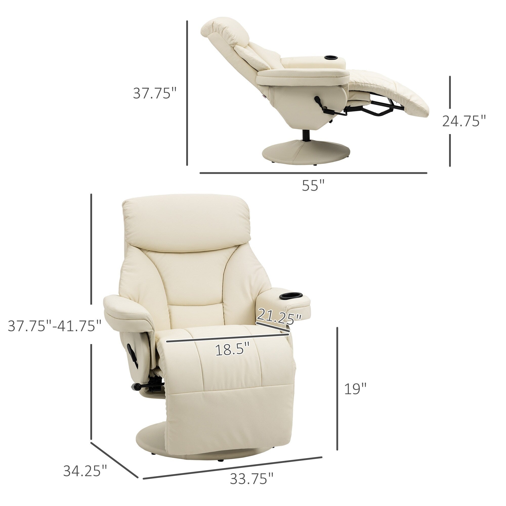 Fauteuil inclinable manuel en cuir PU blanc crème avec repose-pieds, poche latérale, porte-gobelet, inclinaison à 135°, rotation à 360°