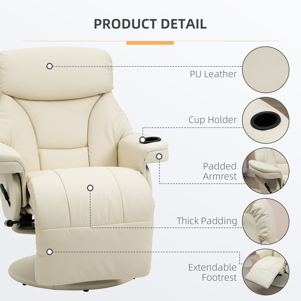 Fauteuil inclinable manuel en cuir PU blanc crème avec repose-pieds, poche latérale, porte-gobelet, inclinaison à 135°, rotation à 360°