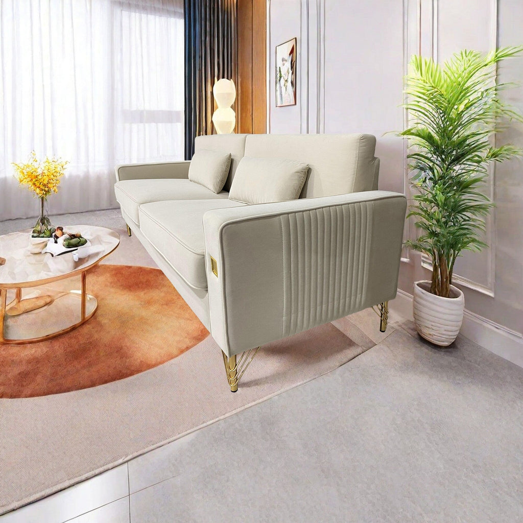 Canapé 3 places en velours blanc crème avec touches dorées