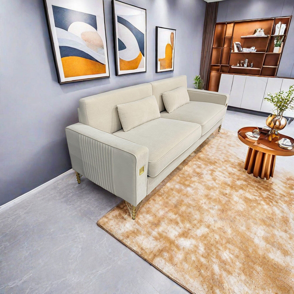 Canapé 3 places en velours blanc crème avec touches dorées