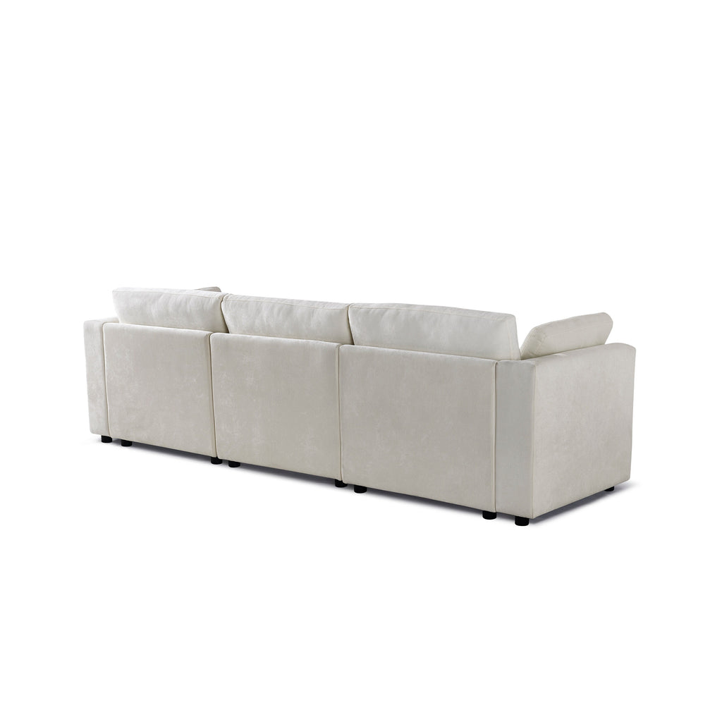 Canapé modulable 3 places en chenille blanc crème avec cadre en bois