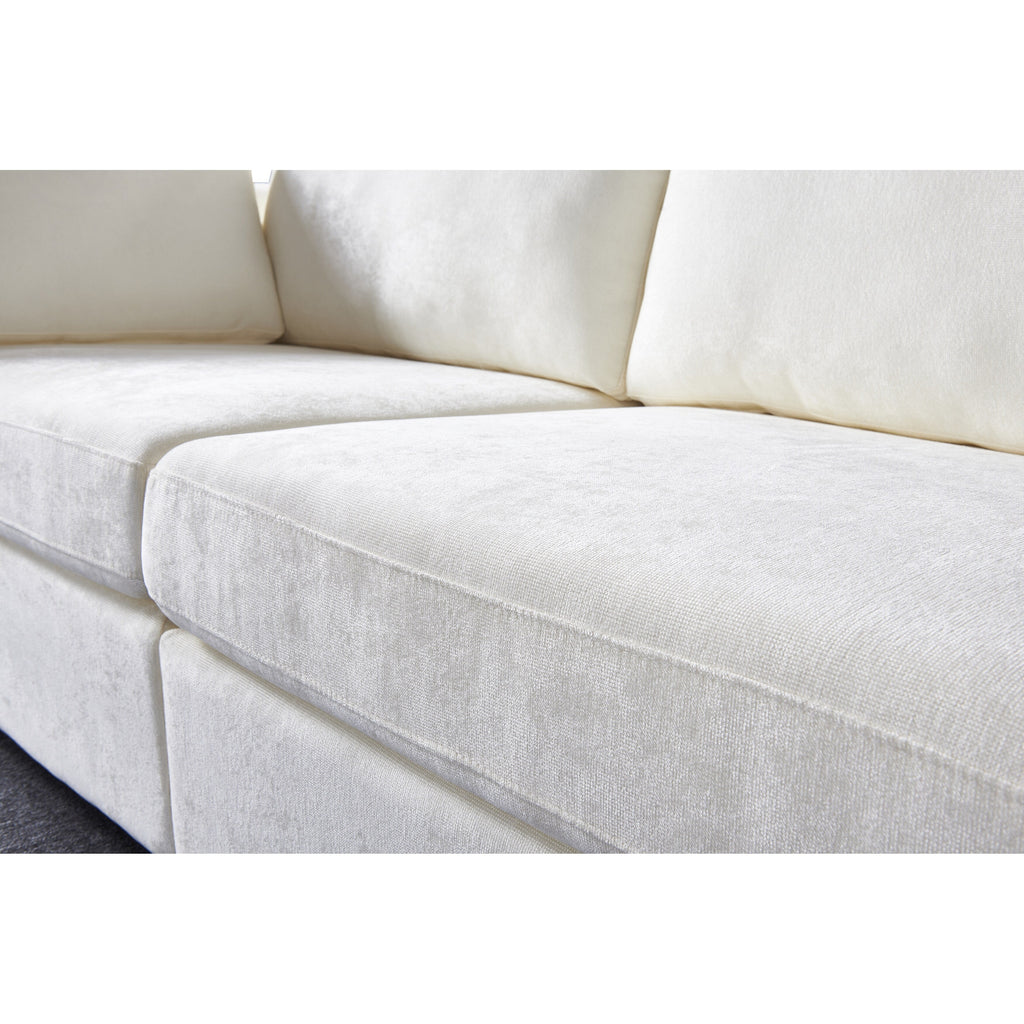 Canapé modulable 3 places en chenille blanc crème avec cadre en bois