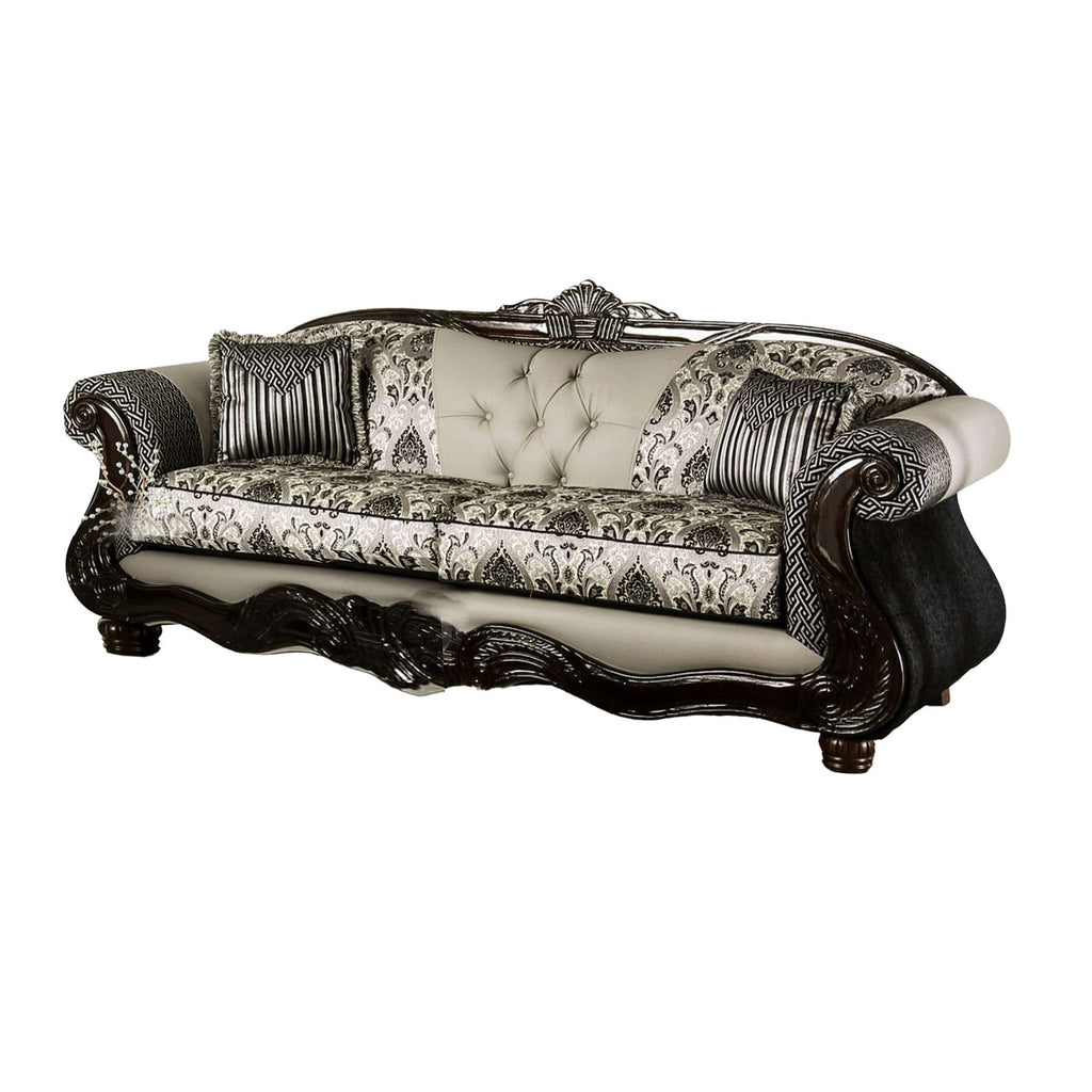 Canapé Cresi, noir, chenille grise, similicuir, 2 coussins, 240 cm