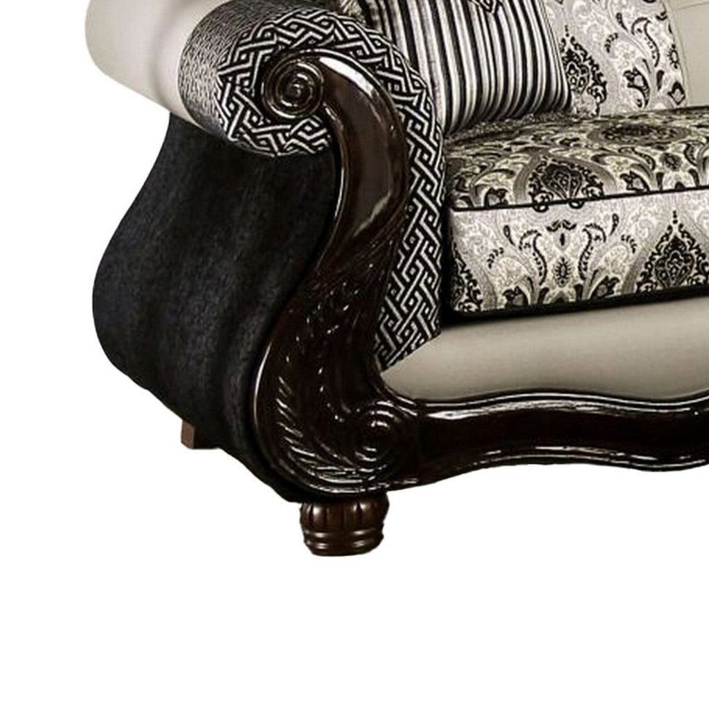 Canapé Cresi, noir, chenille grise, similicuir, 2 coussins, 240 cm