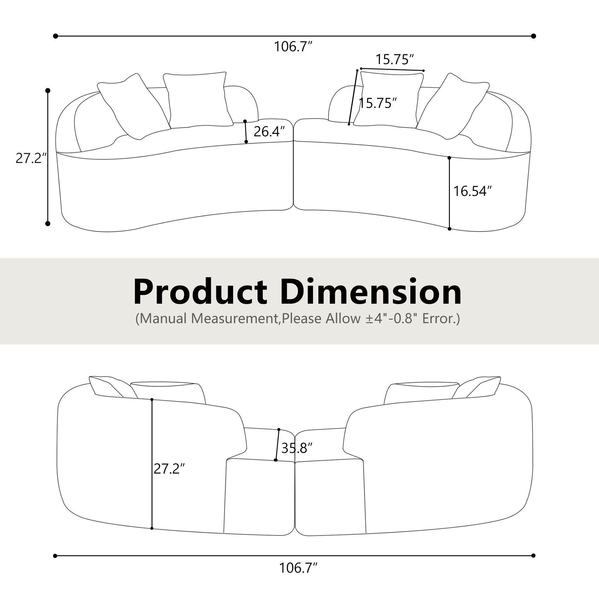 Canapé quatre places incurvé blanc en éponge à compression intégrale, canapé compact sans assemblage pour petits espaces et appartements