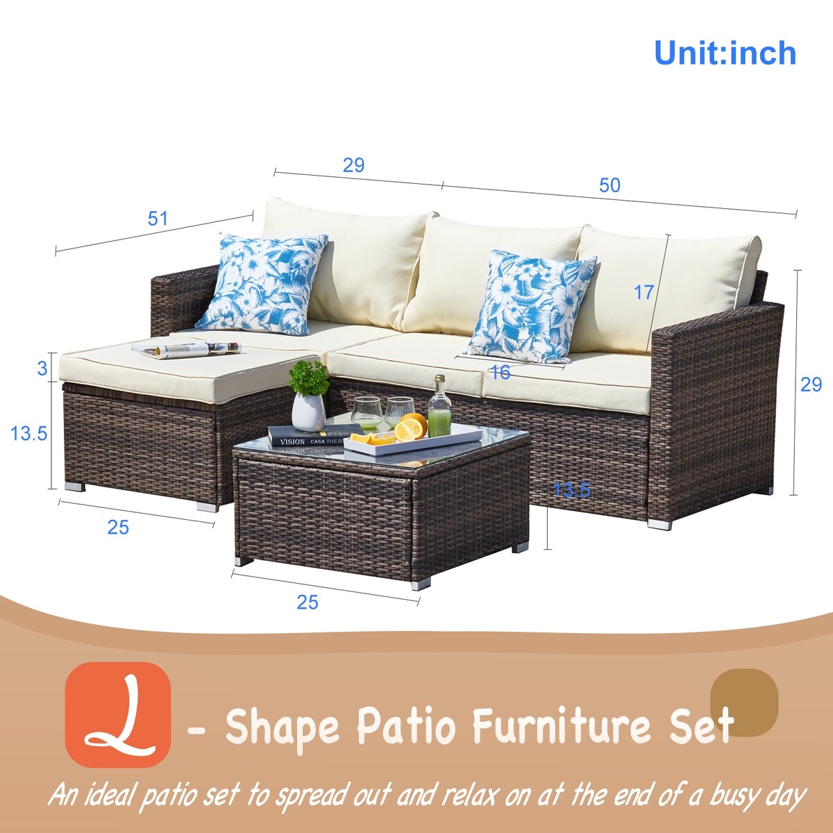 Ensemble de salon de jardin 3 pièces en osier résistant aux intempéries, beige