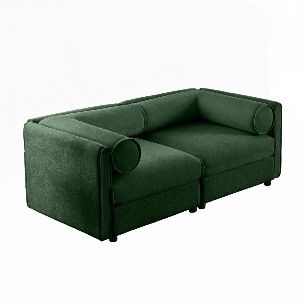 Canapé en chenille avec dossier et accoudoirs cylindriques et siège de rangement