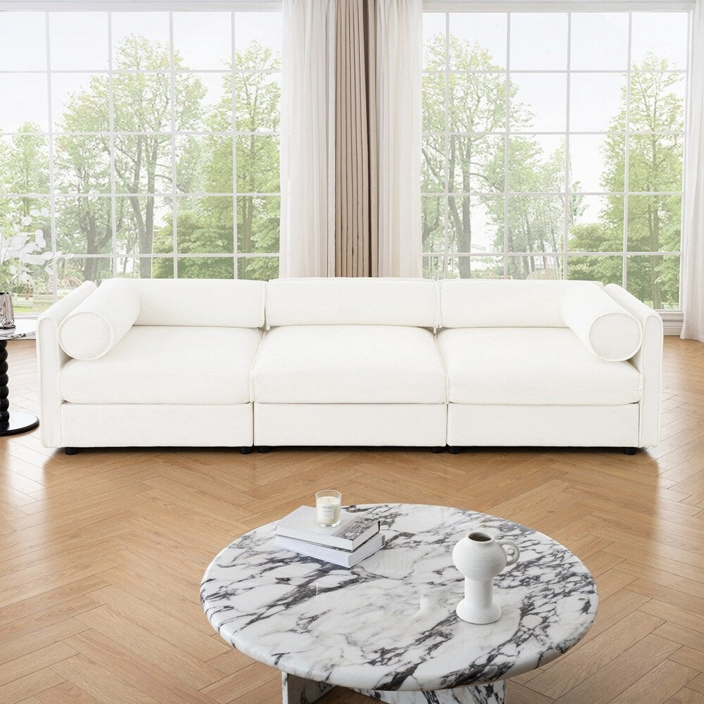 Canapé en chenille avec dossier et accoudoirs cylindriques et siège de rangement