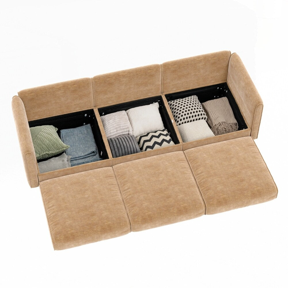 Canapé en chenille avec dossier et accoudoirs cylindriques et siège de rangement