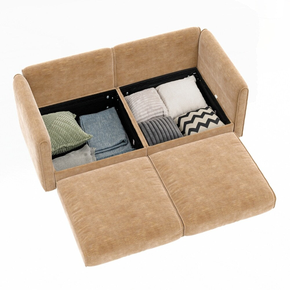 Canapé en chenille avec dossier et accoudoirs cylindriques et siège de rangement