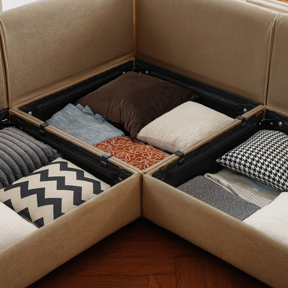 Canapé en chenille avec dossier et accoudoirs cylindriques et siège de rangement