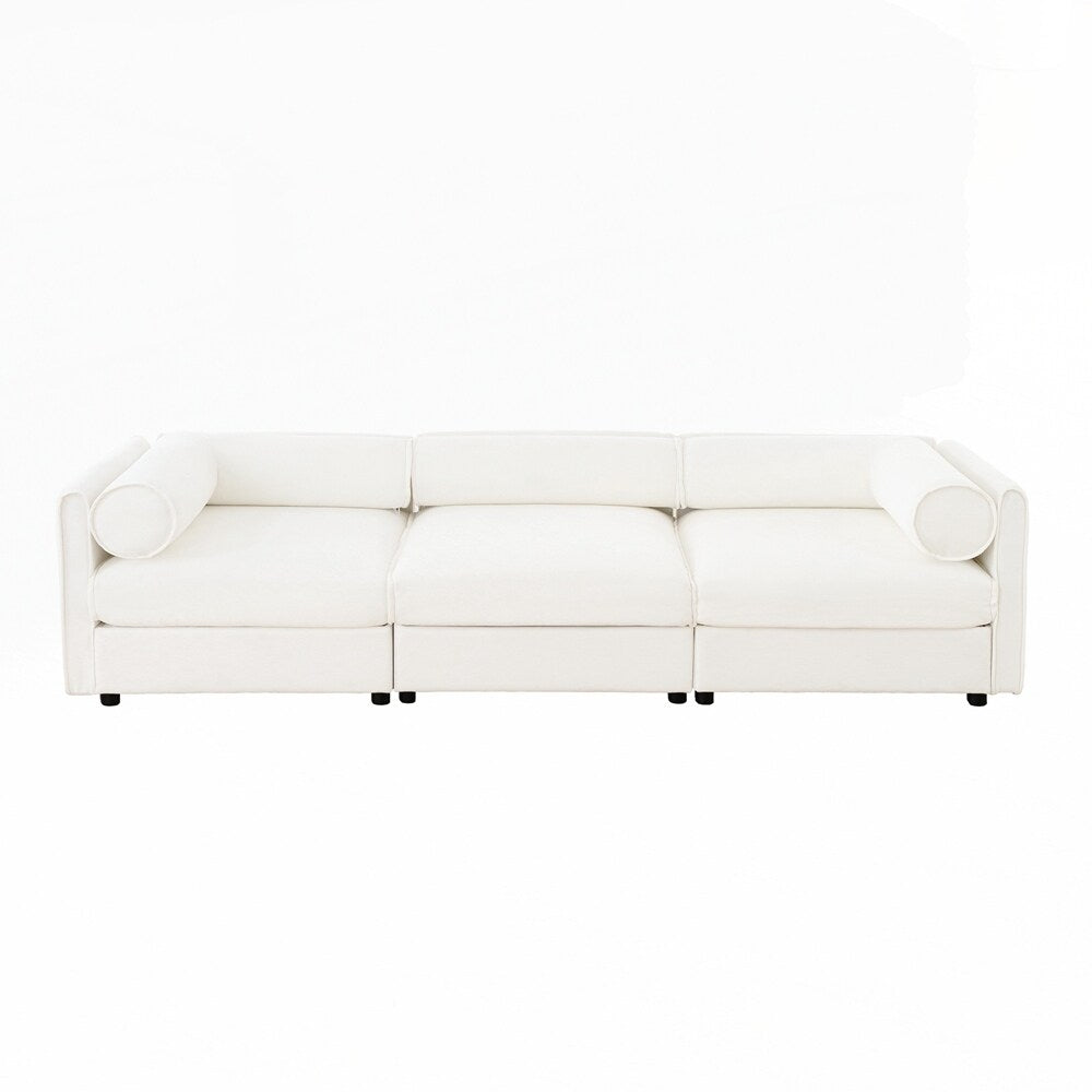 Canapé en chenille avec dossier et accoudoirs cylindriques et siège de rangement