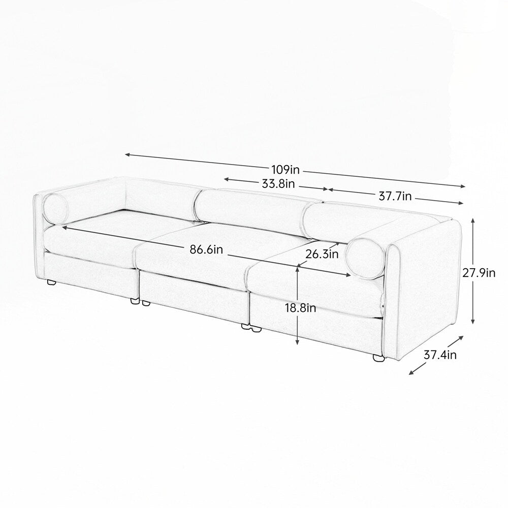 Canapé en chenille avec dossier et accoudoirs cylindriques et siège de rangement