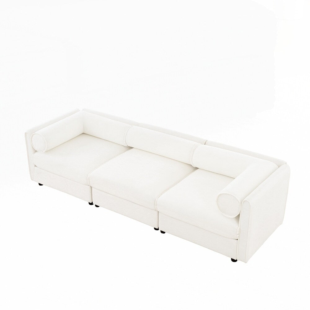 Canapé en chenille avec dossier et accoudoirs cylindriques et siège de rangement