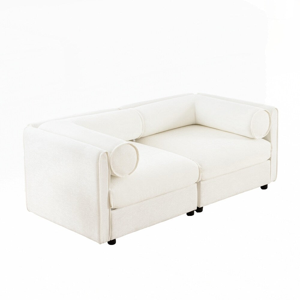 Canapé en chenille avec dossier et accoudoirs cylindriques et siège de rangement