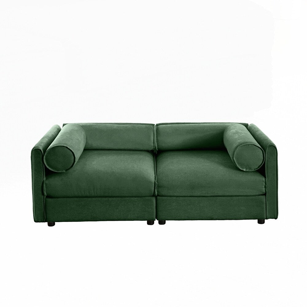 Canapé en chenille avec dossier et accoudoirs cylindriques et siège de rangement