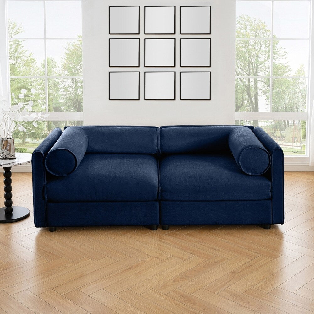 Canapé en chenille avec dossier et accoudoirs cylindriques et siège de rangement