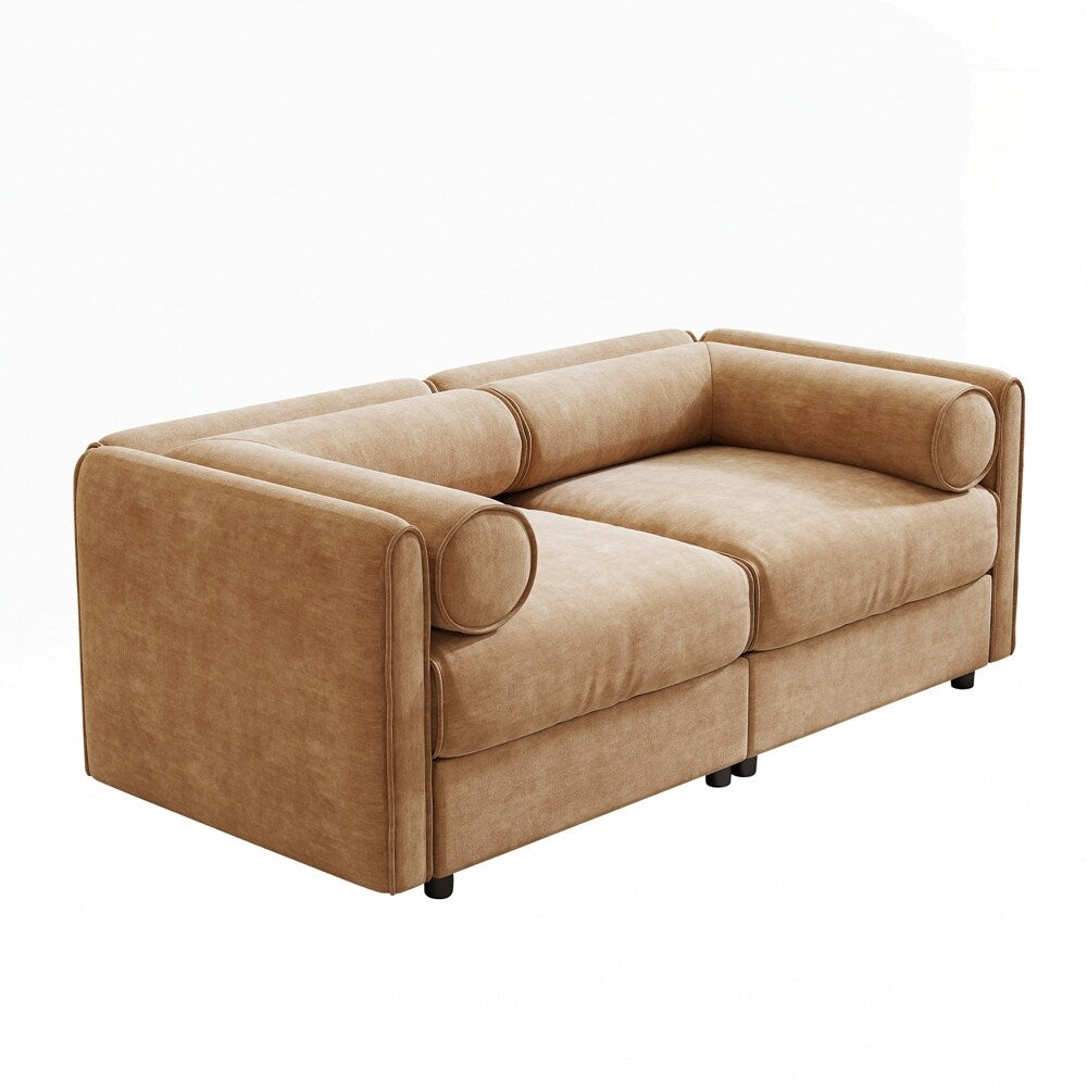 Canapé en chenille avec dossier et accoudoirs cylindriques et siège de rangement