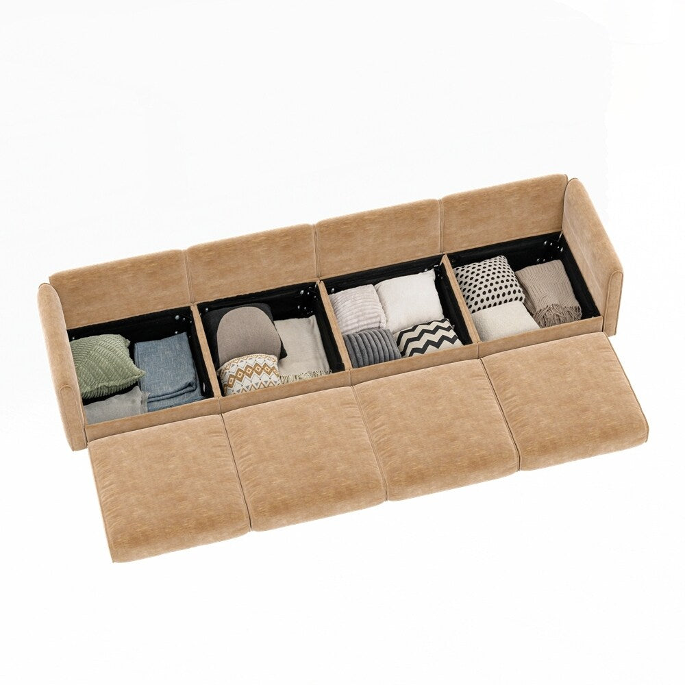 Canapé en chenille avec dossier et accoudoirs cylindriques et siège de rangement