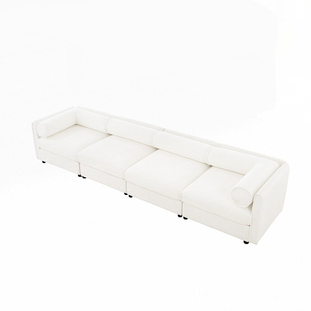 Canapé en chenille avec dossier et accoudoirs cylindriques et siège de rangement