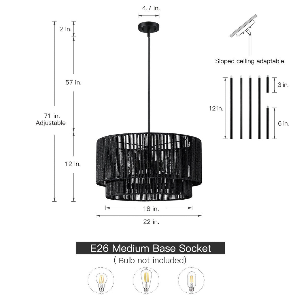 Lustre tambour en rotin noir à 4 lumières Cynthia - 22 po de largeur