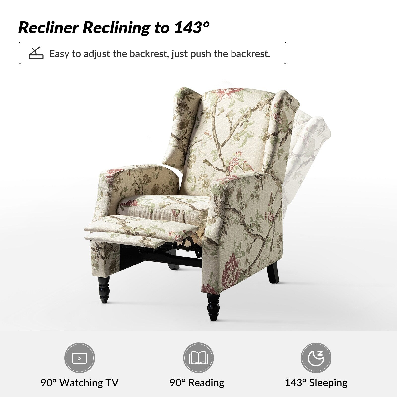 Fauteuil inclinable manuel Damaris de style milieu de siècle avec dossier à oreilles, lot de 2 par HULALA HOME