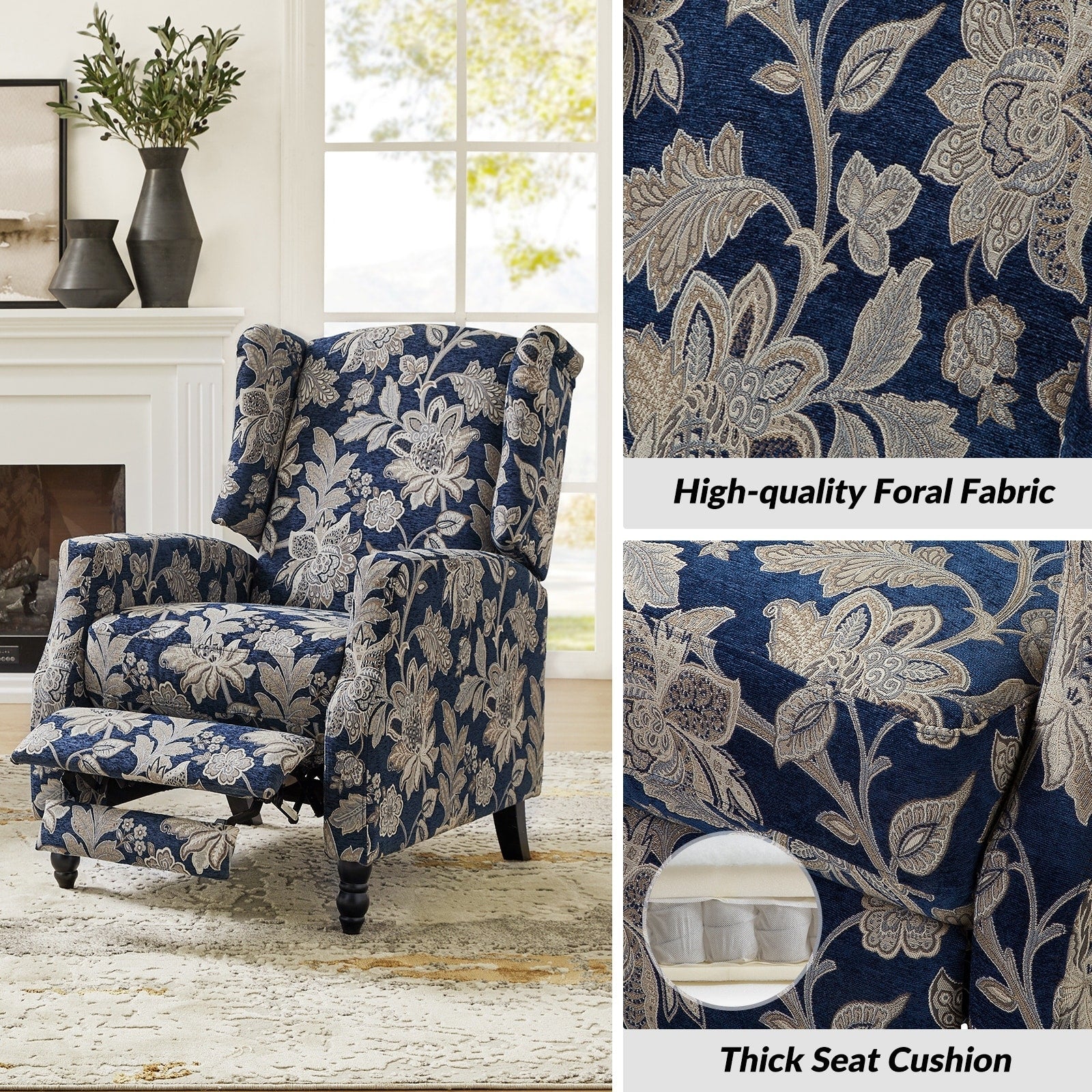 Fauteuil inclinable manuel Damaris de style milieu de siècle avec dossier à oreilles, lot de 2 par HULALA HOME