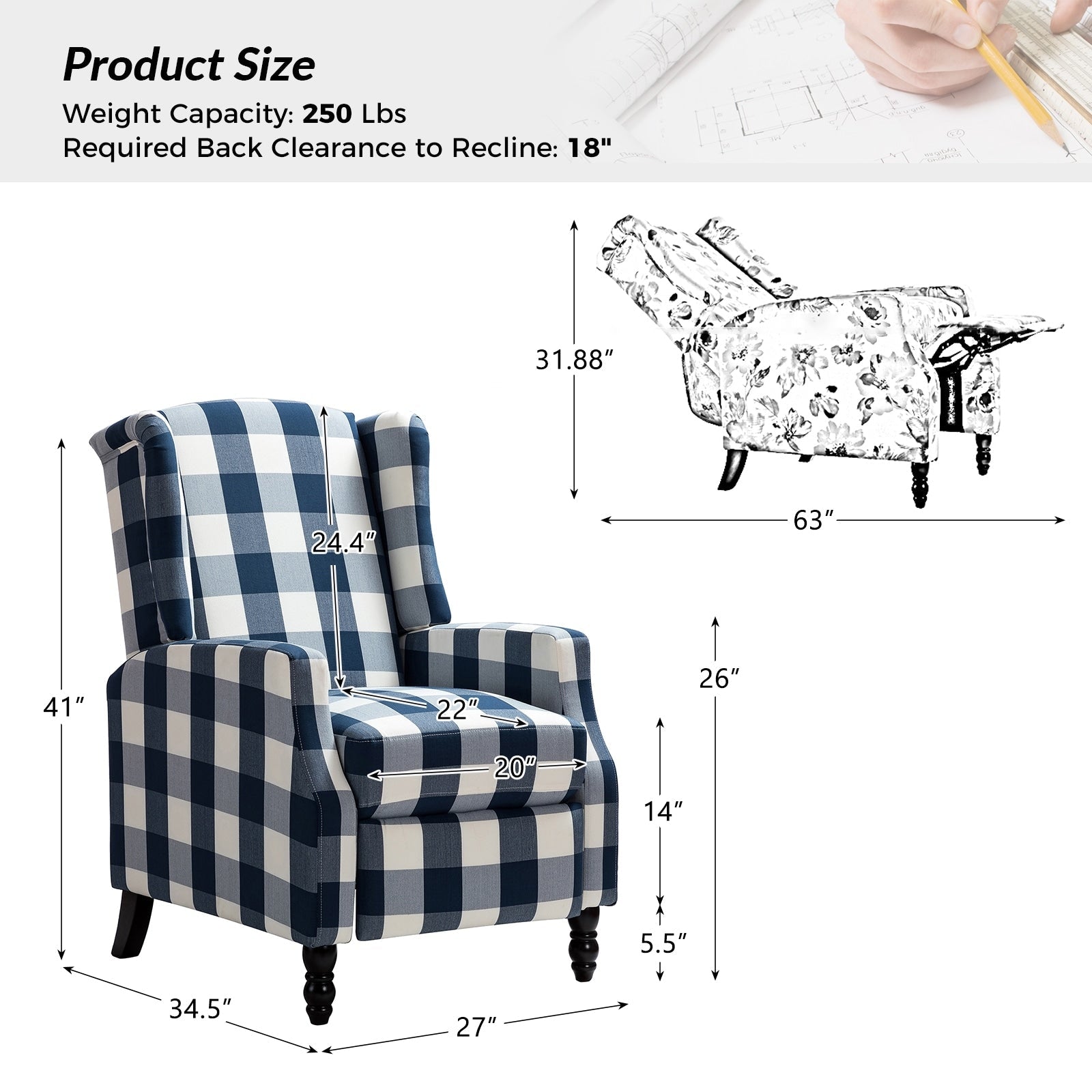 Fauteuil inclinable manuel Damaris de style milieu de siècle avec dossier à oreilles, lot de 2 par HULALA HOME