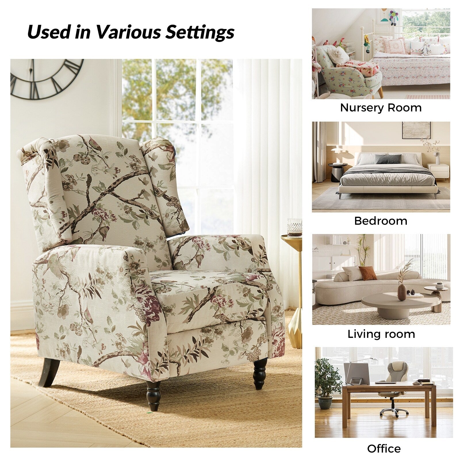 Fauteuil inclinable manuel Damaris de style milieu de siècle avec dossier à oreilles, lot de 2 par HULALA HOME