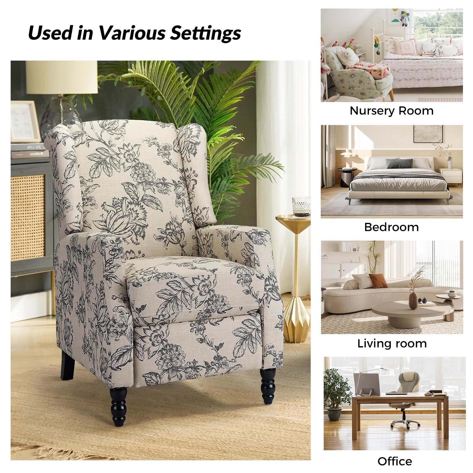 Fauteuil inclinable manuel Damaris de style milieu de siècle avec dossier à oreilles, lot de 2 par HULALA HOME