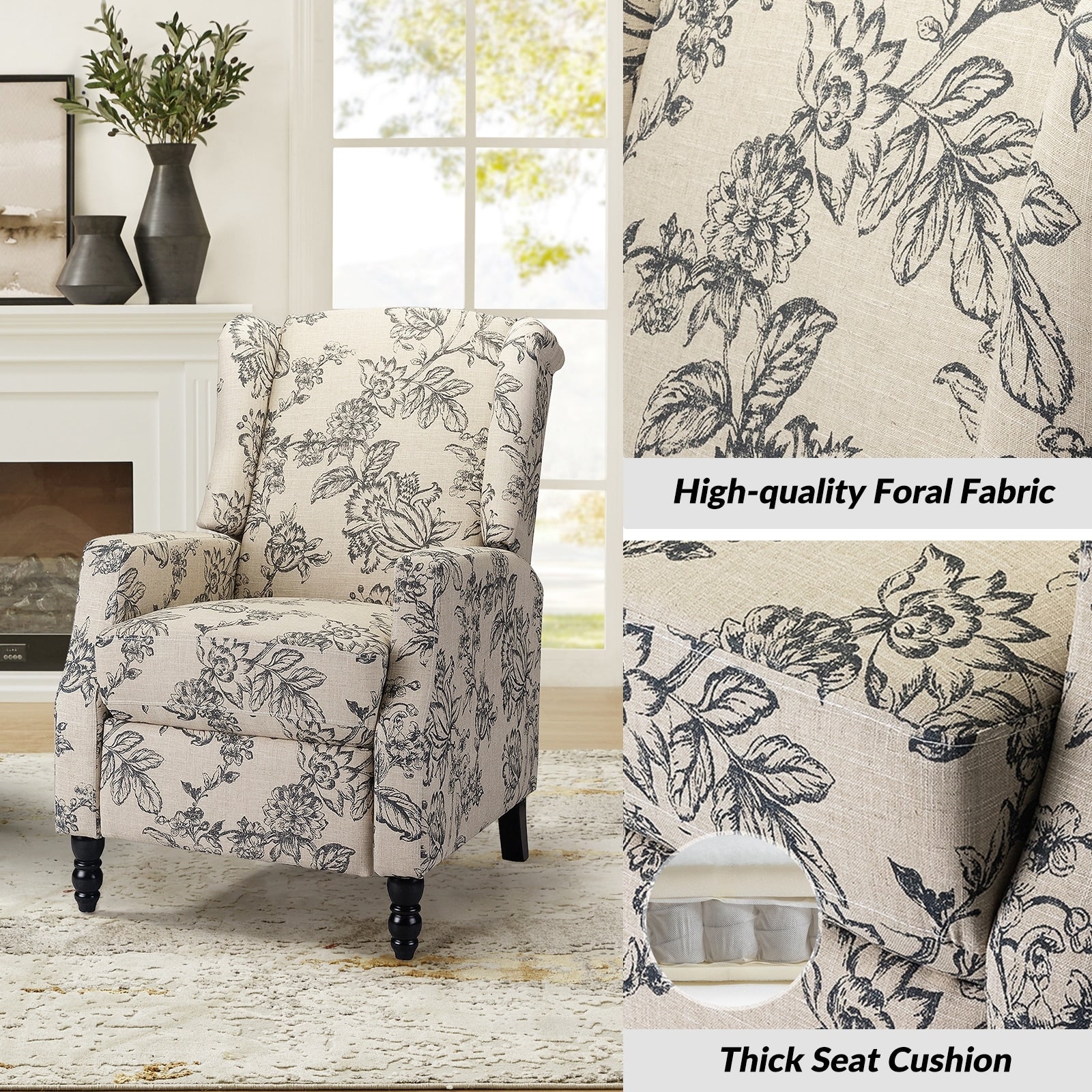 Fauteuil inclinable manuel Damaris de style milieu de siècle avec dossier à oreilles, lot de 2 par HULALA HOME