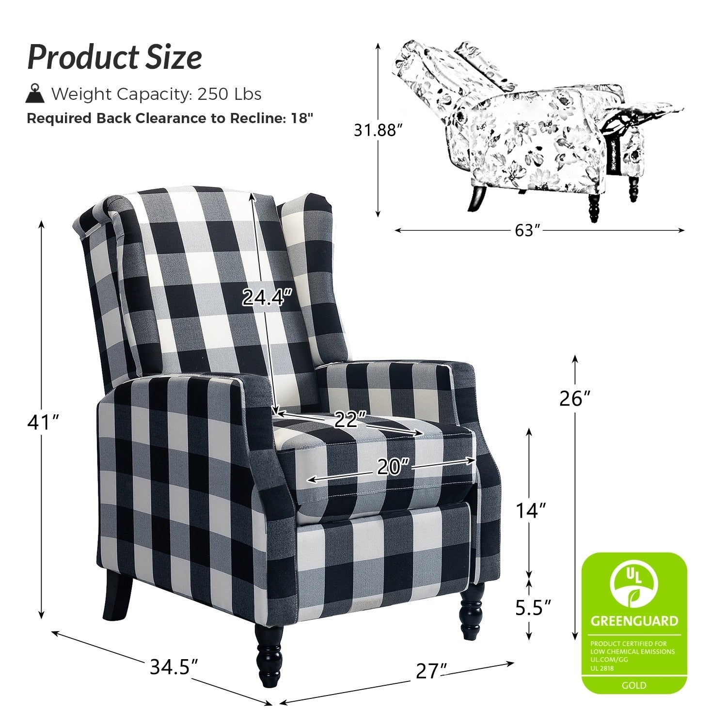 Fauteuil inclinable manuel Damaris de style Mid-Century Modern avec dossier à oreilles par HULALA HOME