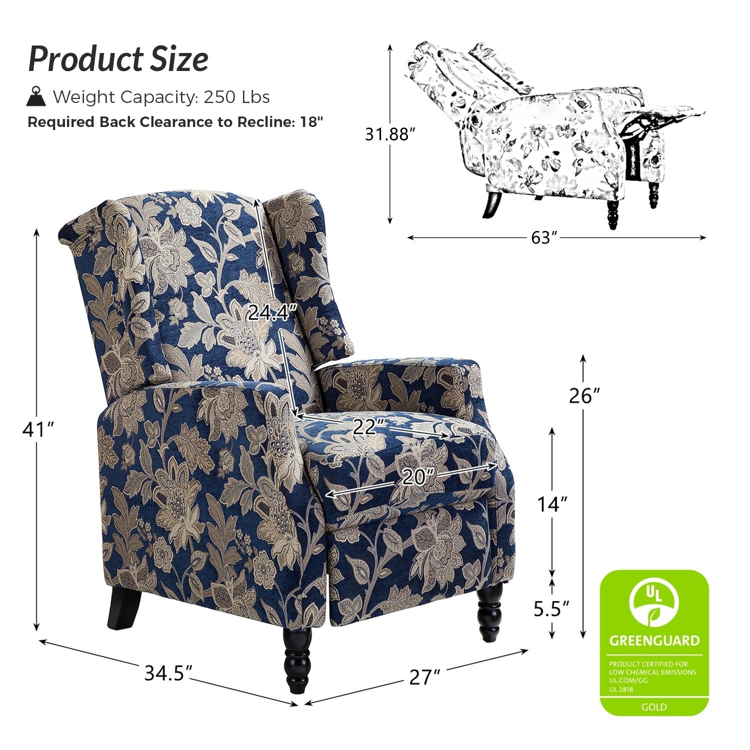 Fauteuil inclinable manuel Damaris de style Mid-Century Modern avec dossier à oreilles par HULALA HOME