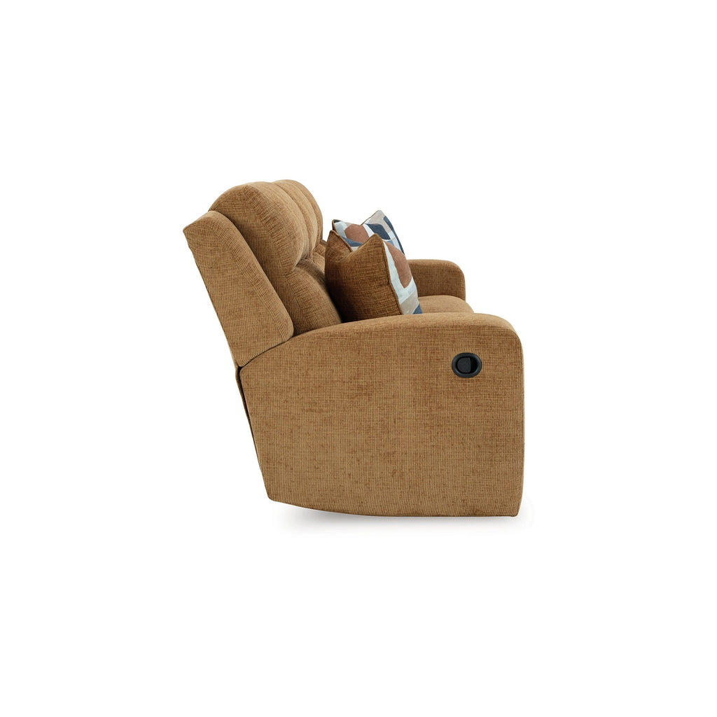Canapé inclinable manuel Damon, polyester marron camel, 2 coussins, 218 cm