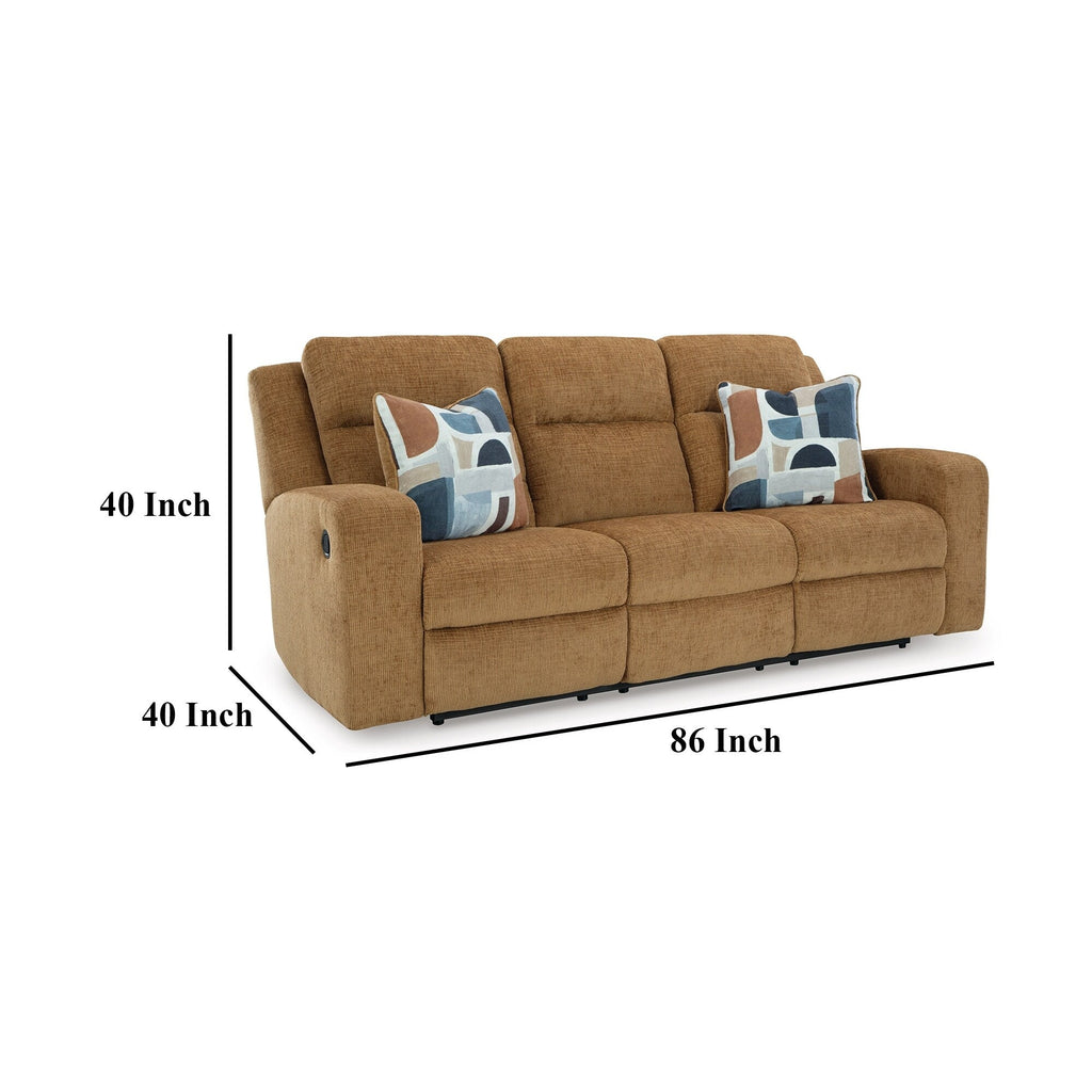 Canapé inclinable manuel Damon, polyester marron camel, 2 coussins, 218 cm