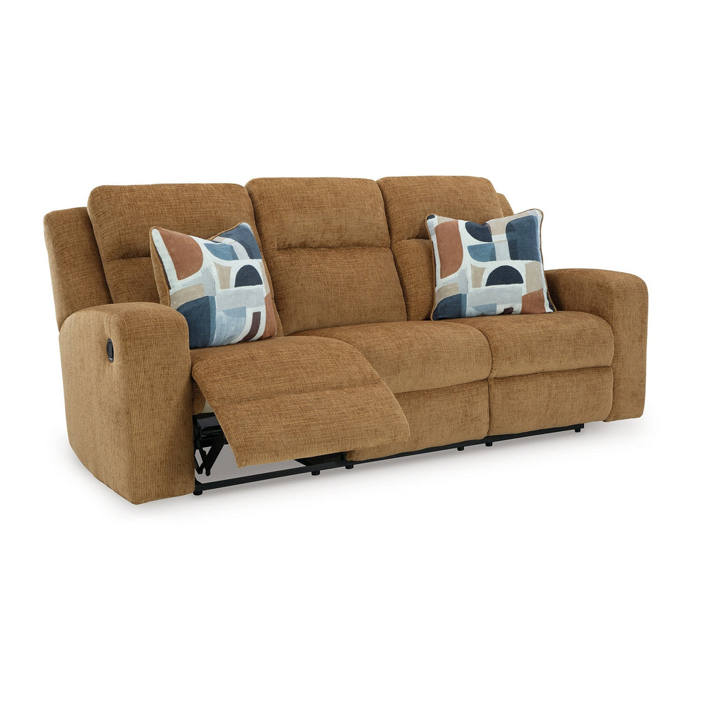 Canapé inclinable manuel Damon, polyester marron camel, 2 coussins, 218 cm